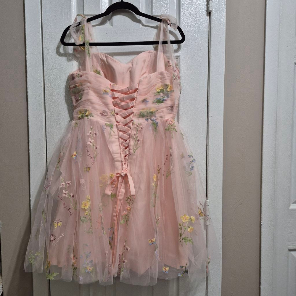 Women's Pink Floral Embroidered Mini Dress sz 12 nwot - Picture 3 of 10